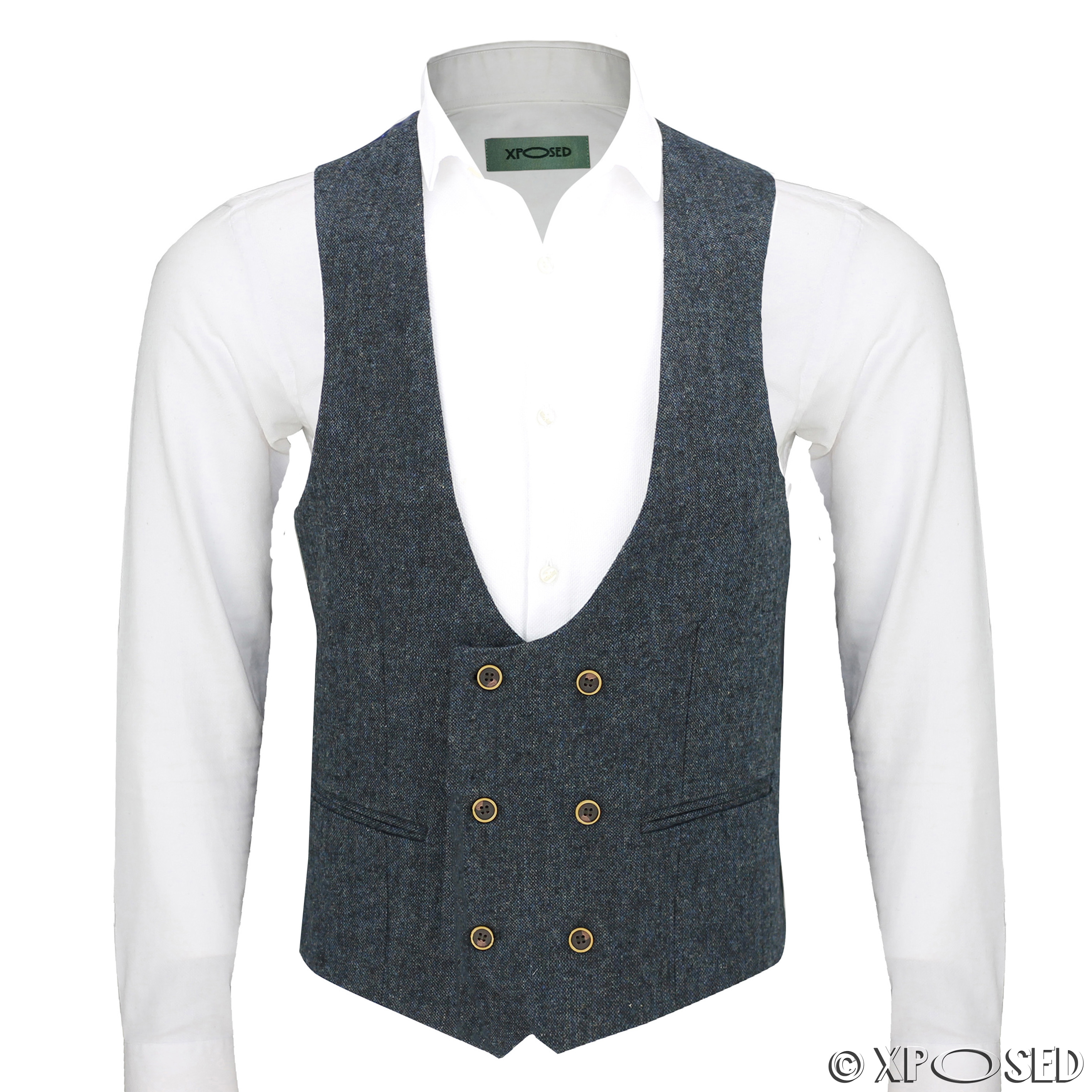 Mens Waistcoat Double Breasted U Cut Herringbone Tweed Check Velvet